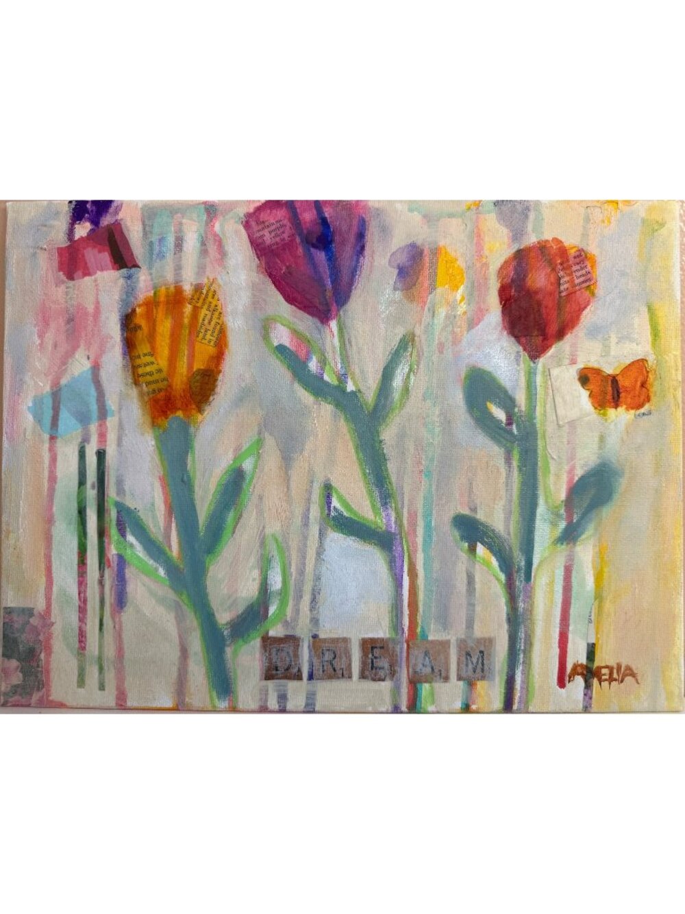 Mixed Media Floral Painting Canvas Wall Art "Dream" Handcrafted 9x12 Tulips OOAK